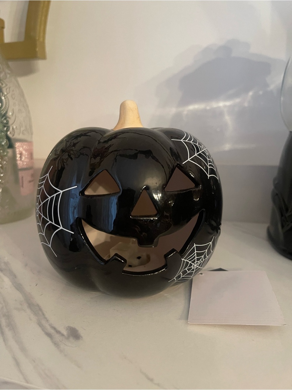 Target Black Ceramic Pumpkin Lantern with White Spiderweb Accents